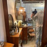 Beveled mirror with wooden contours