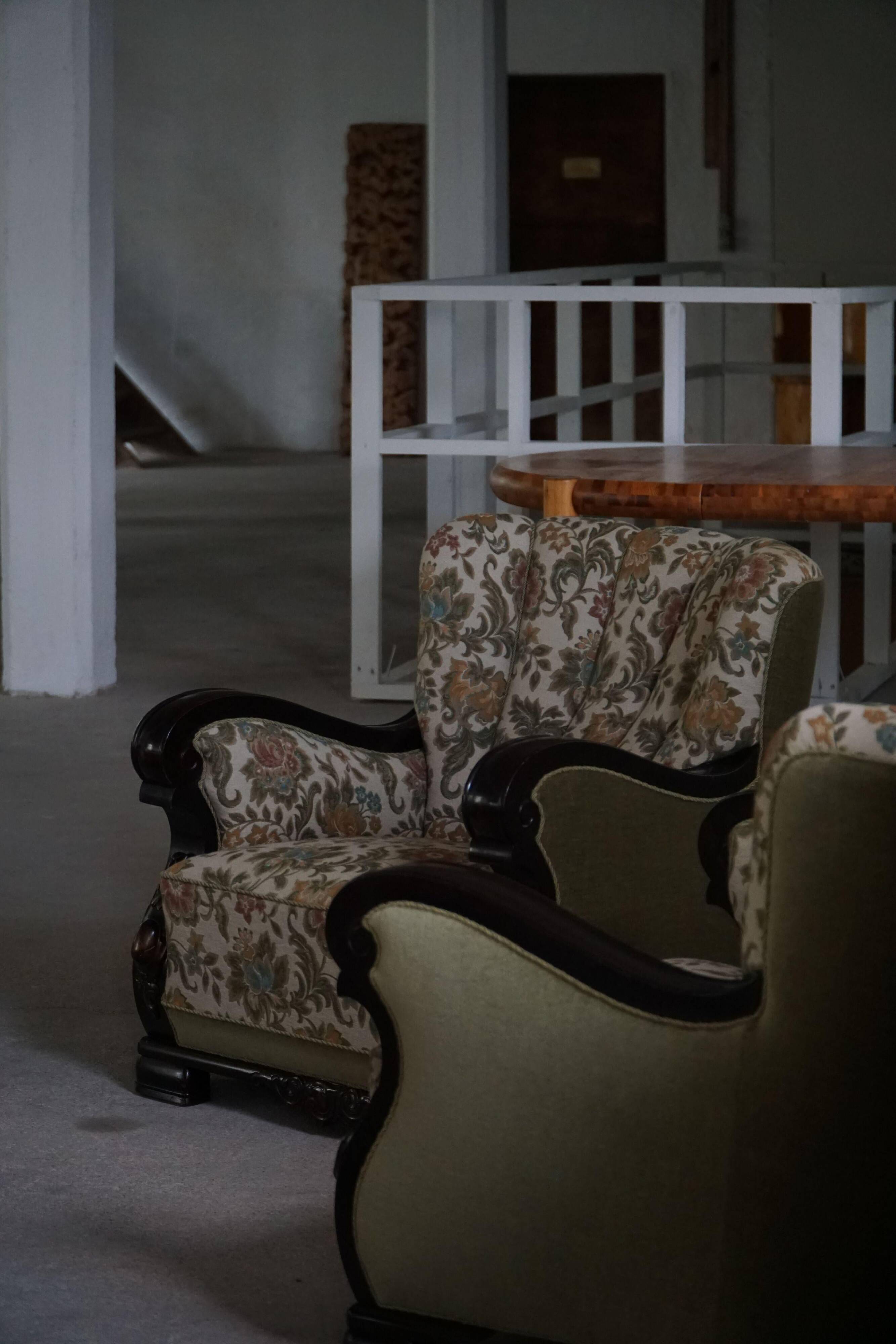 Pair of Danish Art Nouveau armchairs in embroidered floral velvet, 1920s.