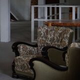 Pair of Danish Art Nouveau armchairs in embroidered floral velvet, 1920s.