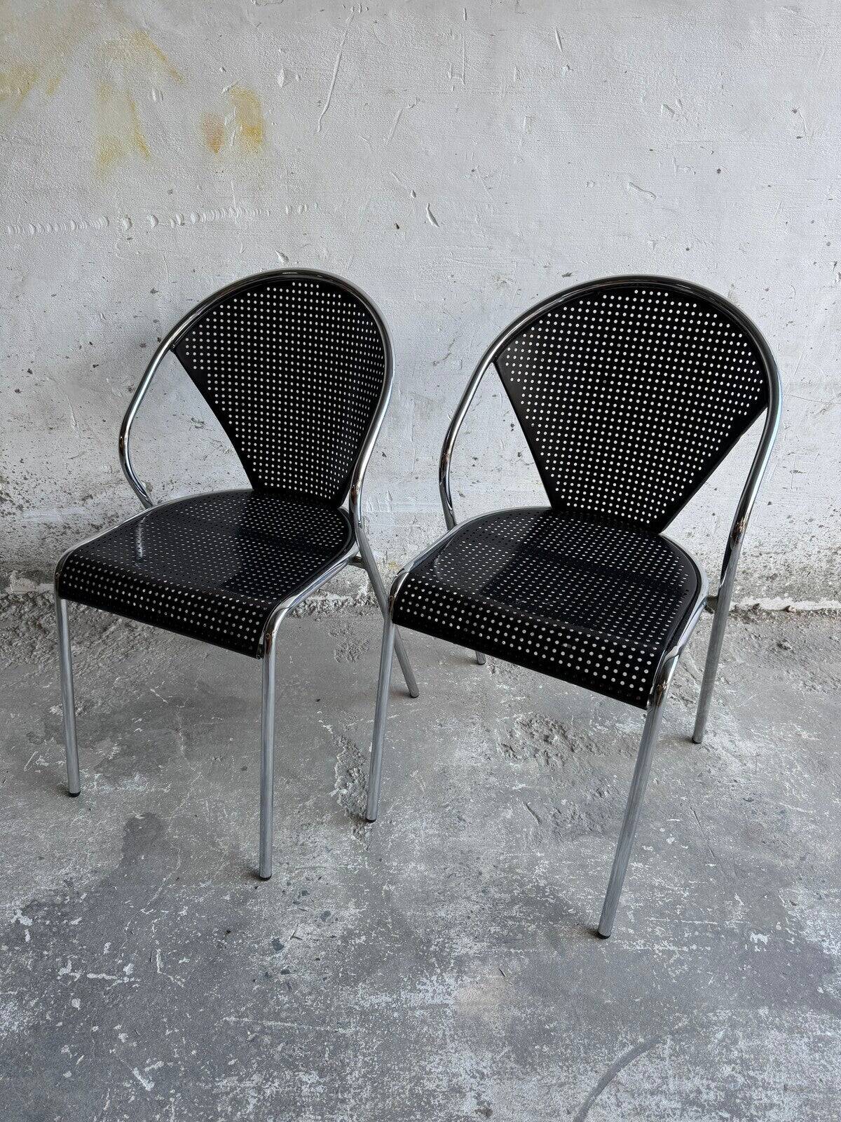 Set of 2 black perforated metal chairs with chrome frame, 1980s industrial-modern design