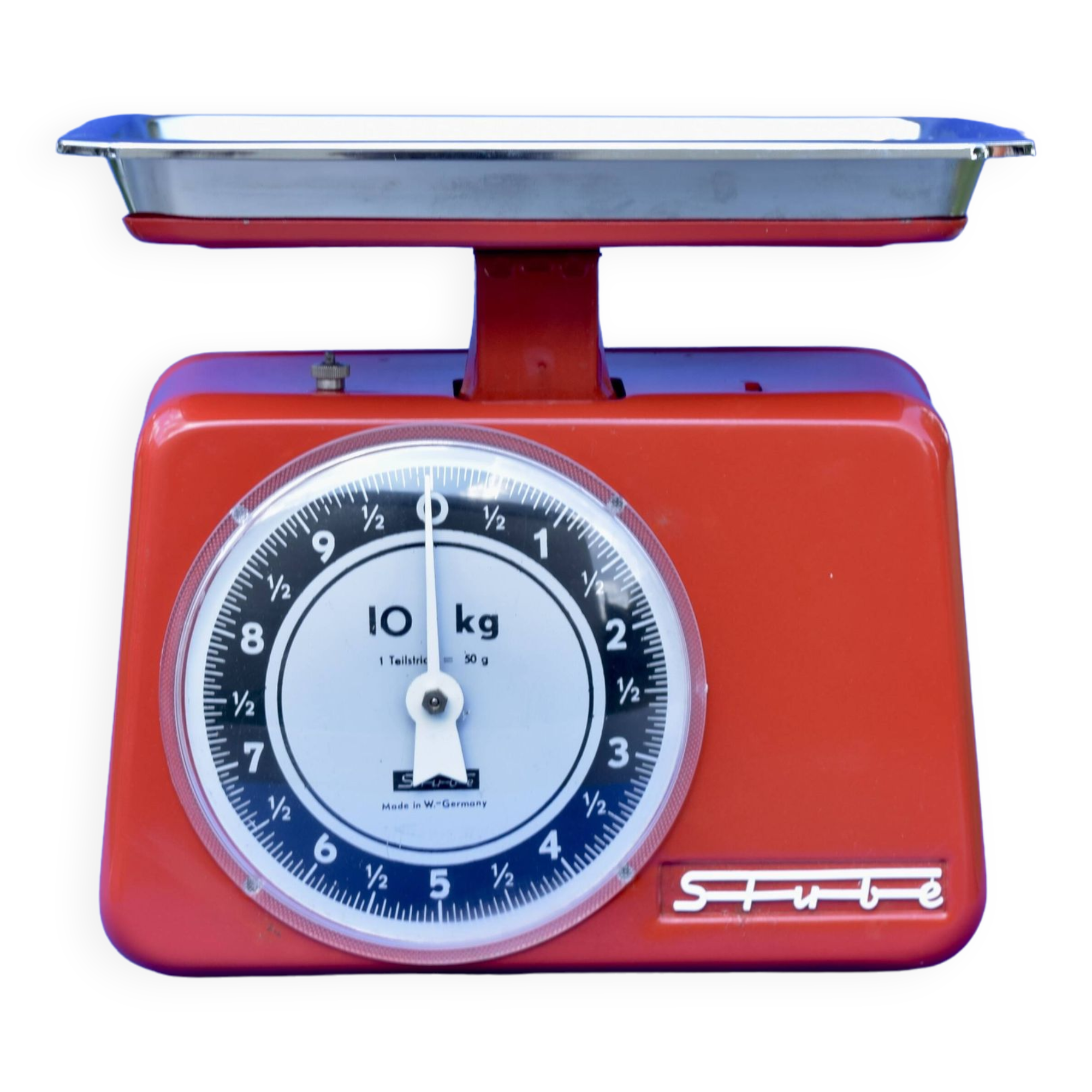 STUBE - Vintage red enameled metal kitchen scale in its original box - Force 10