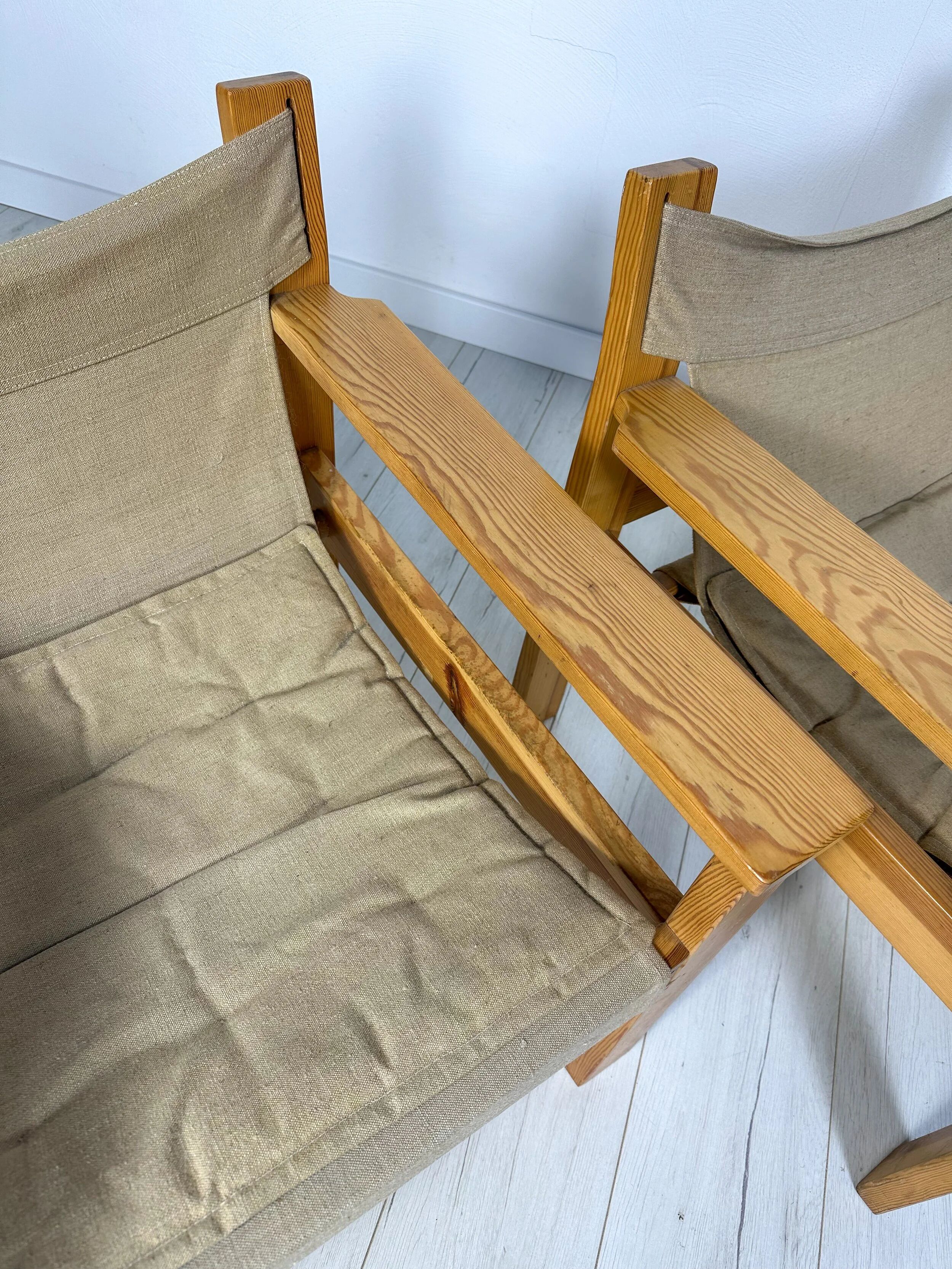 '70s set of 2 pine & canvas lounge chairs by Erik Wørts for IKEA