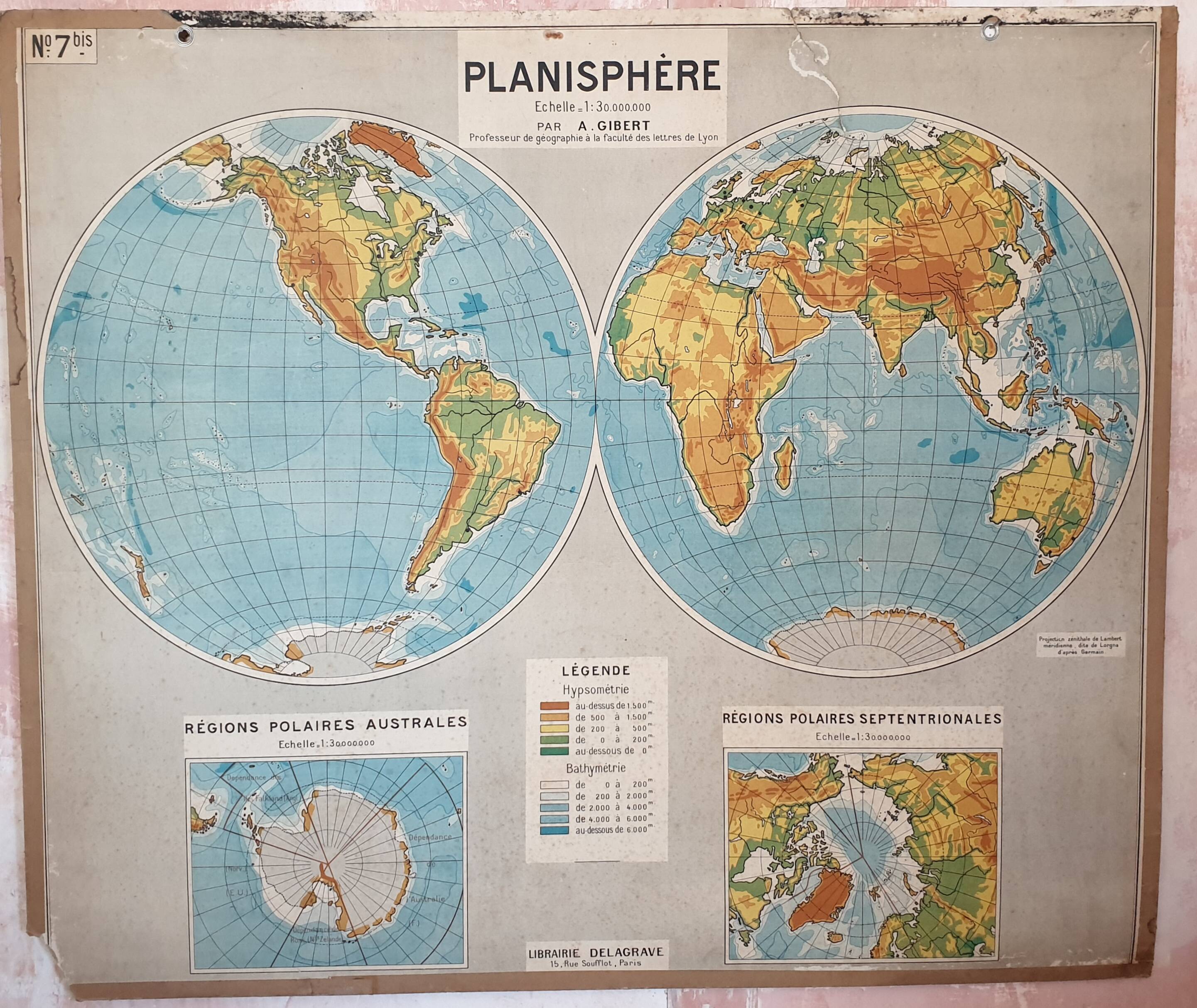 Ancienne carte scolaire Delagrave Gibert 7, 1930 - Planisphère, mappemon