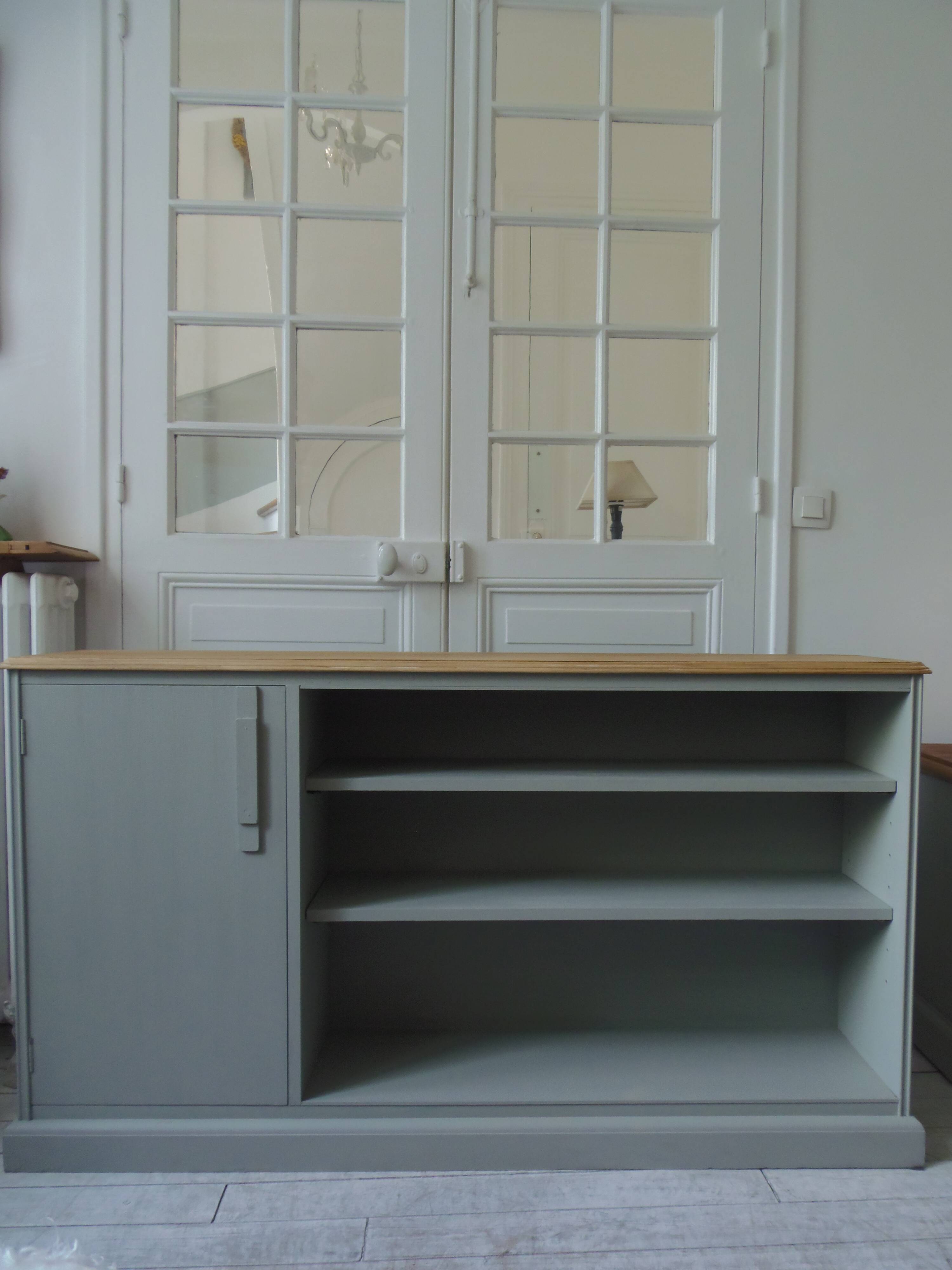 Furniture, vintage bookcase re-enchanted in verdigris, wooden top.