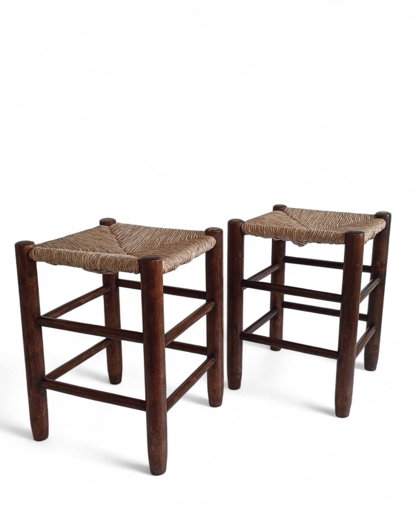 Charlotte Perriand Style, Pair of Rustic Wood and Straw Stools, France, c. 1950s