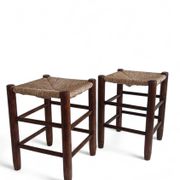 Charlotte Perriand Style, Pair of Rustic Wood and Straw Stools, France, c. 1950s