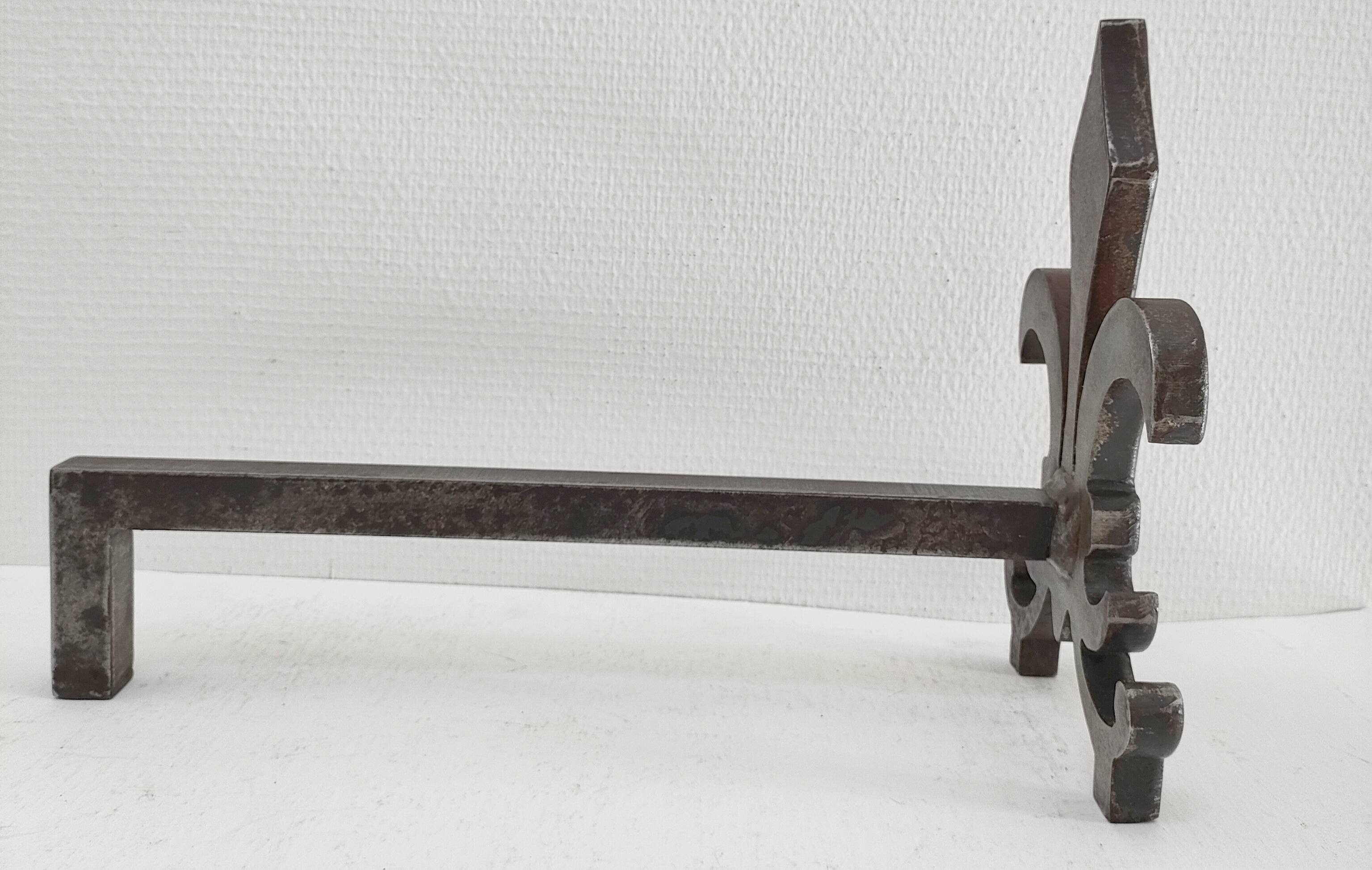 Pair of vintage steel fleur-de-lys andirons