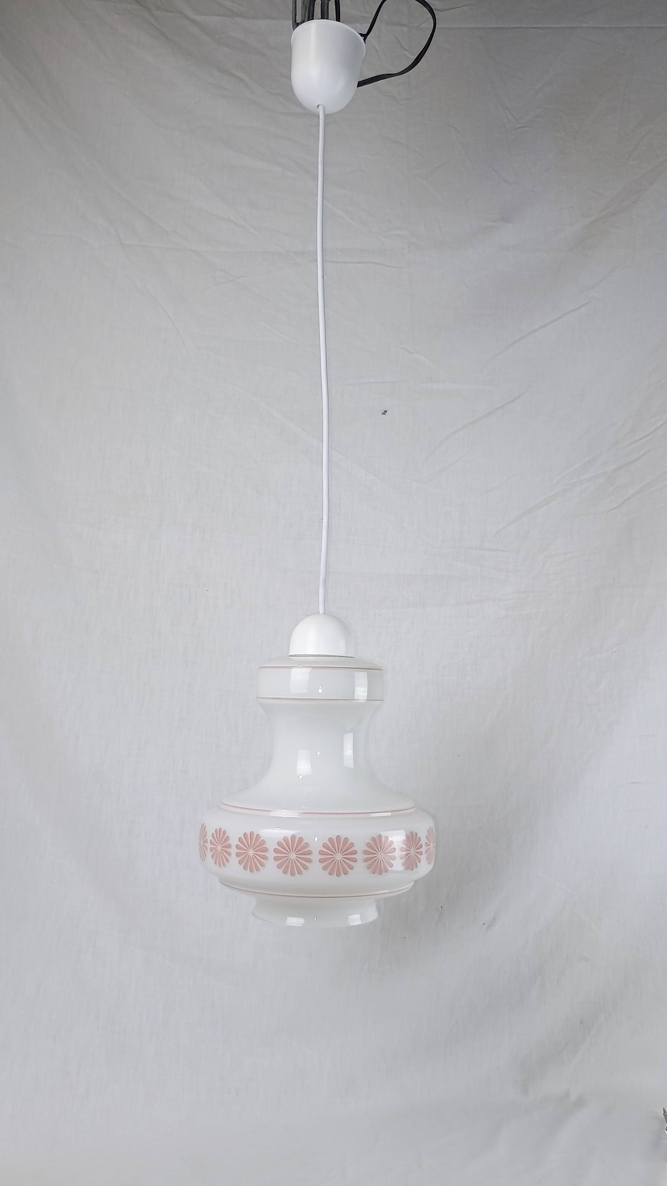 Vintage French pendant light in cream-white glass with pink flowers