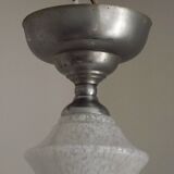 French Art Deco chandelier in silver-finished brass with 5 lights, Clichy white glass 4456.