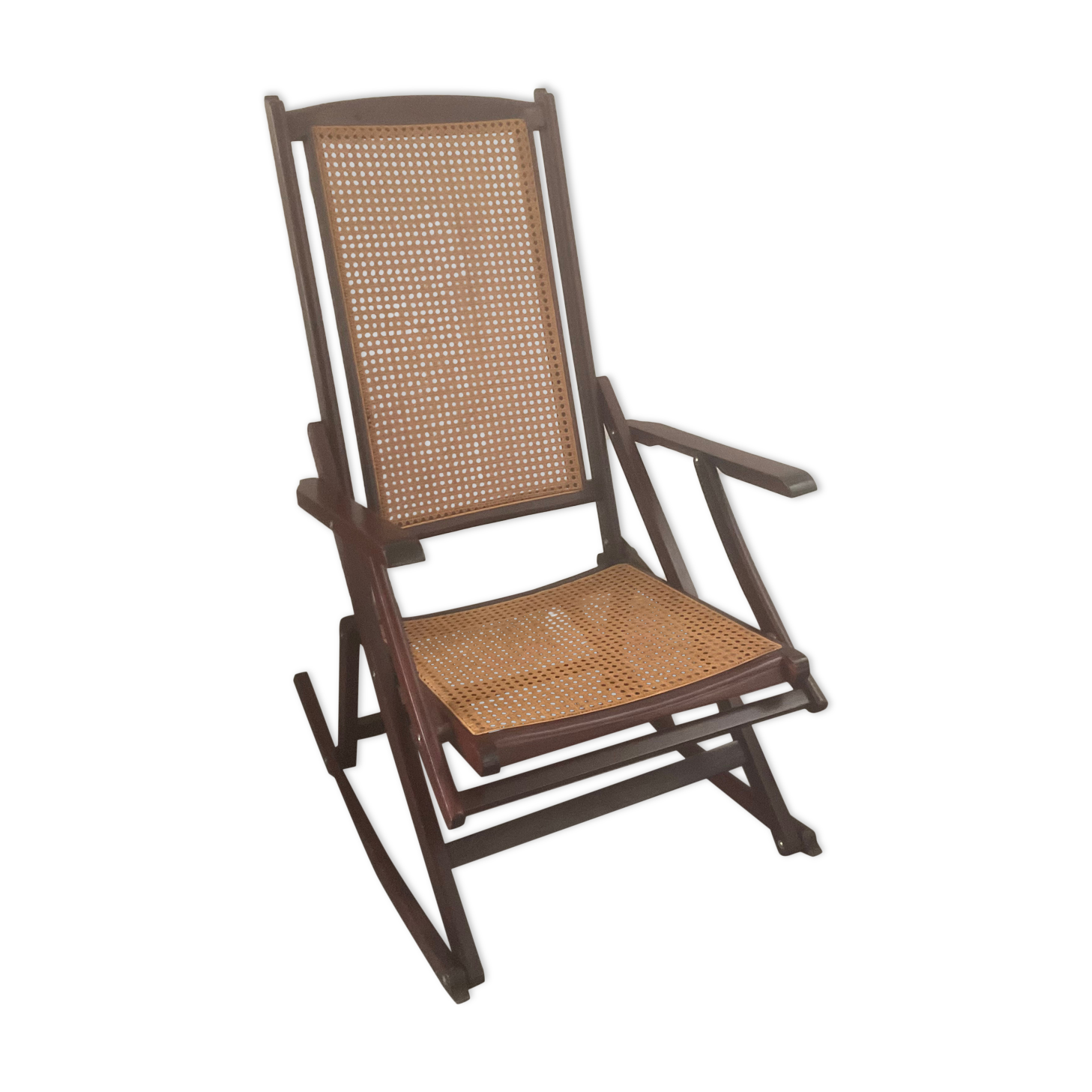 Folding wooden rocking chair and cannage from the 70s