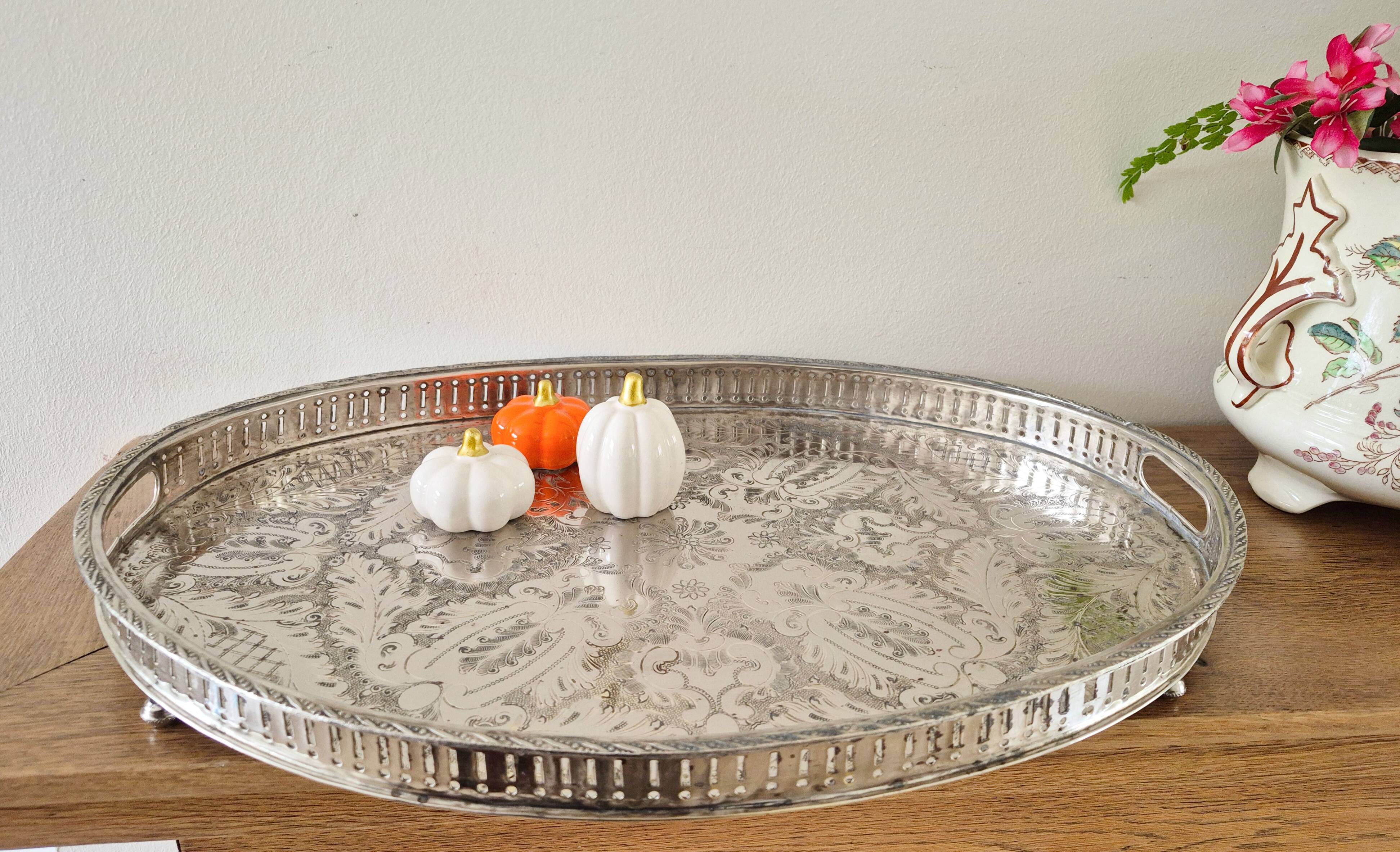 Oval silver-plated metal serving dish