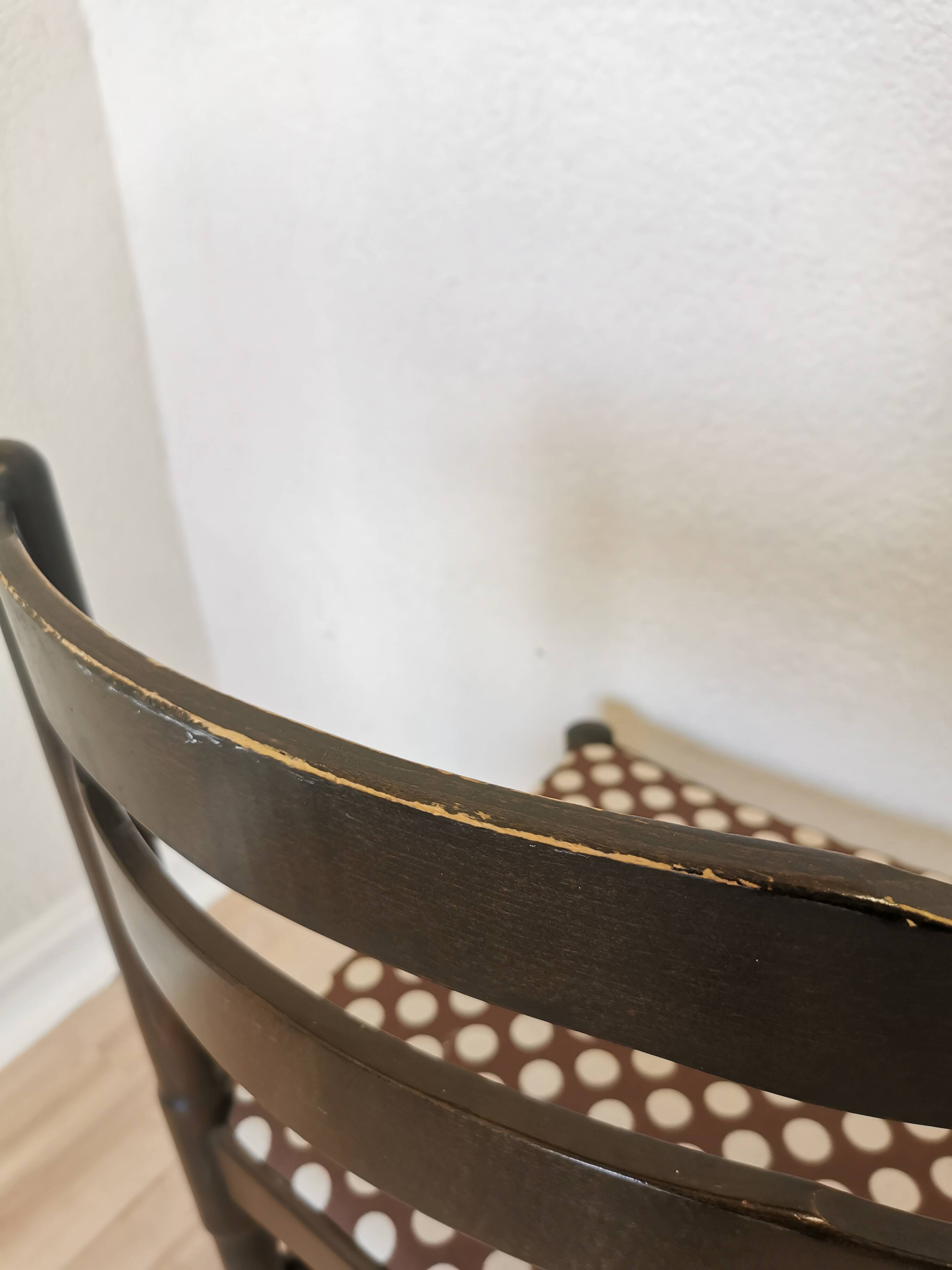 Set of 2 Vintage Wooden Dining Chairs: Brown & White Polka Dot Fabric 80s