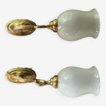 Pair of vintage brass and glass wall lights