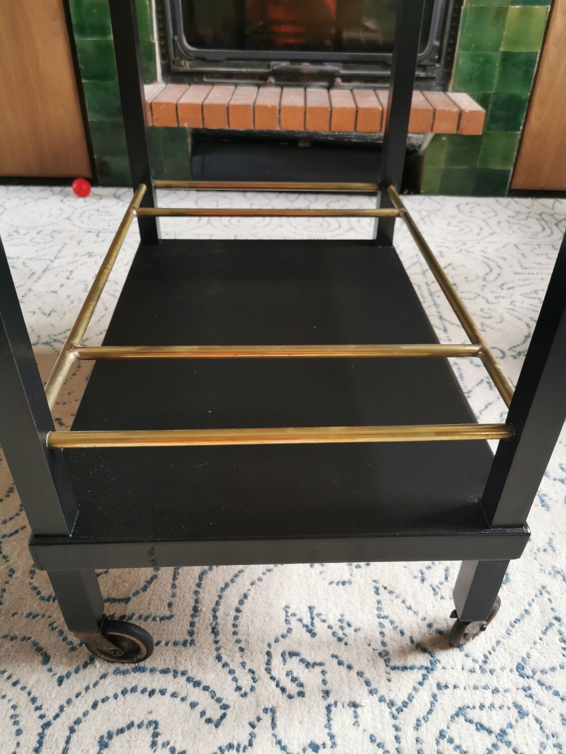 Art Deco wooden mirror and brass rolling service