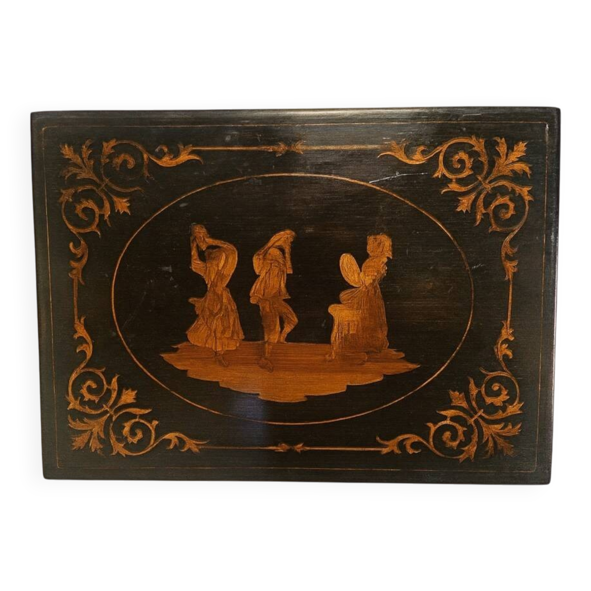 Sorrento marquetry box with a scene of three dancers in a medallion.