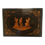 Sorrento marquetry box with a scene of three dancers in a medallion.