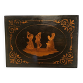 Sorrento marquetry box with a scene of three dancers in a medallion.