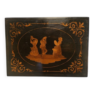 Sorrento marquetry box with a scene of three dancers in a medallion.