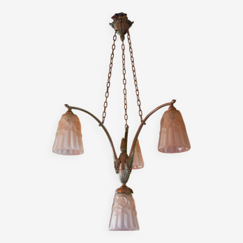 Silver bronze art deco chandelier with pink tulip, Art deco suspension, 30's bronze chandelier