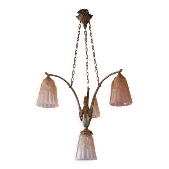 Silver bronze art deco chandelier with pink tulip, Art deco suspension, 30's bronze chandelier
