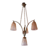 Silver bronze art deco chandelier with pink tulip, Art deco suspension, 30's bronze chandelier