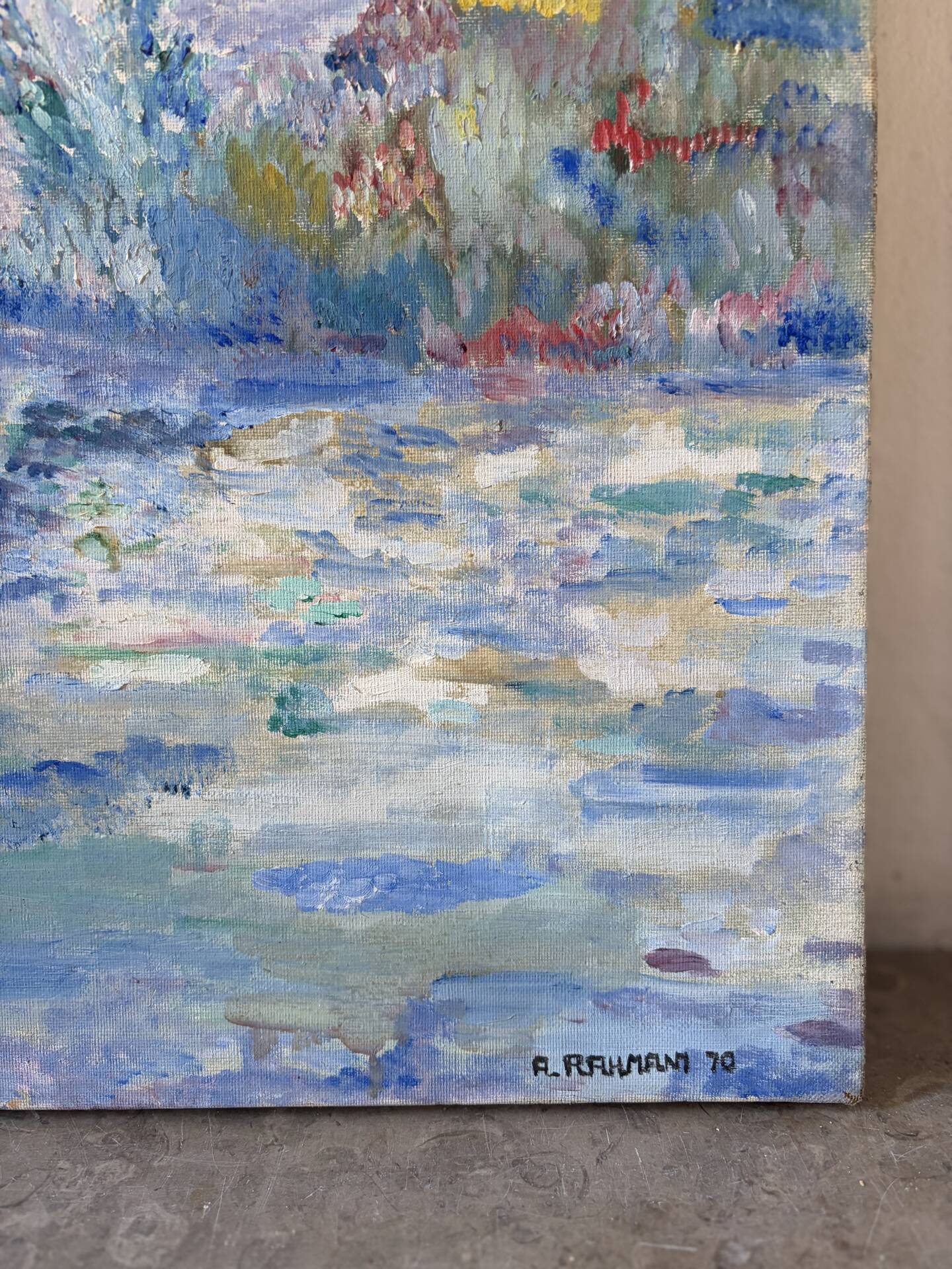 Blue landscape, riverbank, oil on canvas signed 1970