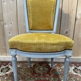 Set of 6 Louis XVI style chairs with polished wood and velvet.