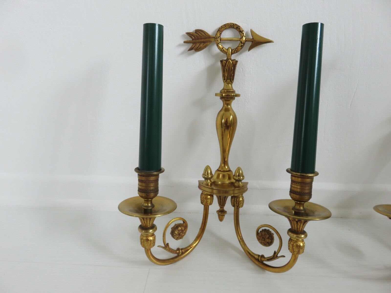 Pair of double wall lamps directoire style Lucien Gau in solid bronze gilded with bright gold