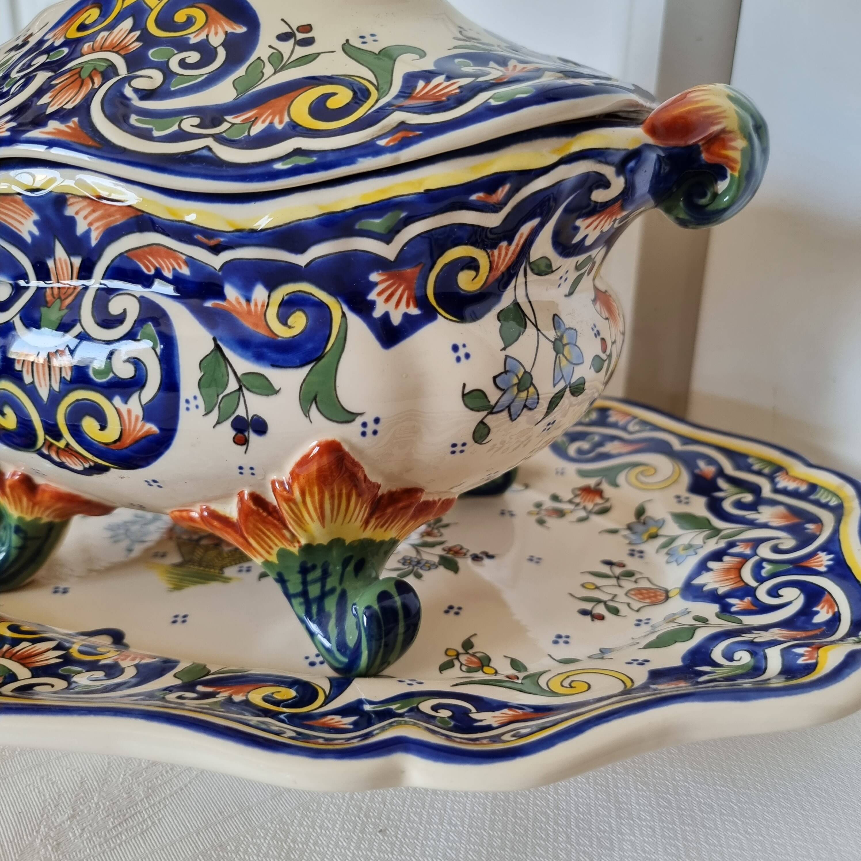 Vintage Rouen porcelain soup tureen with underplate, hand-painted