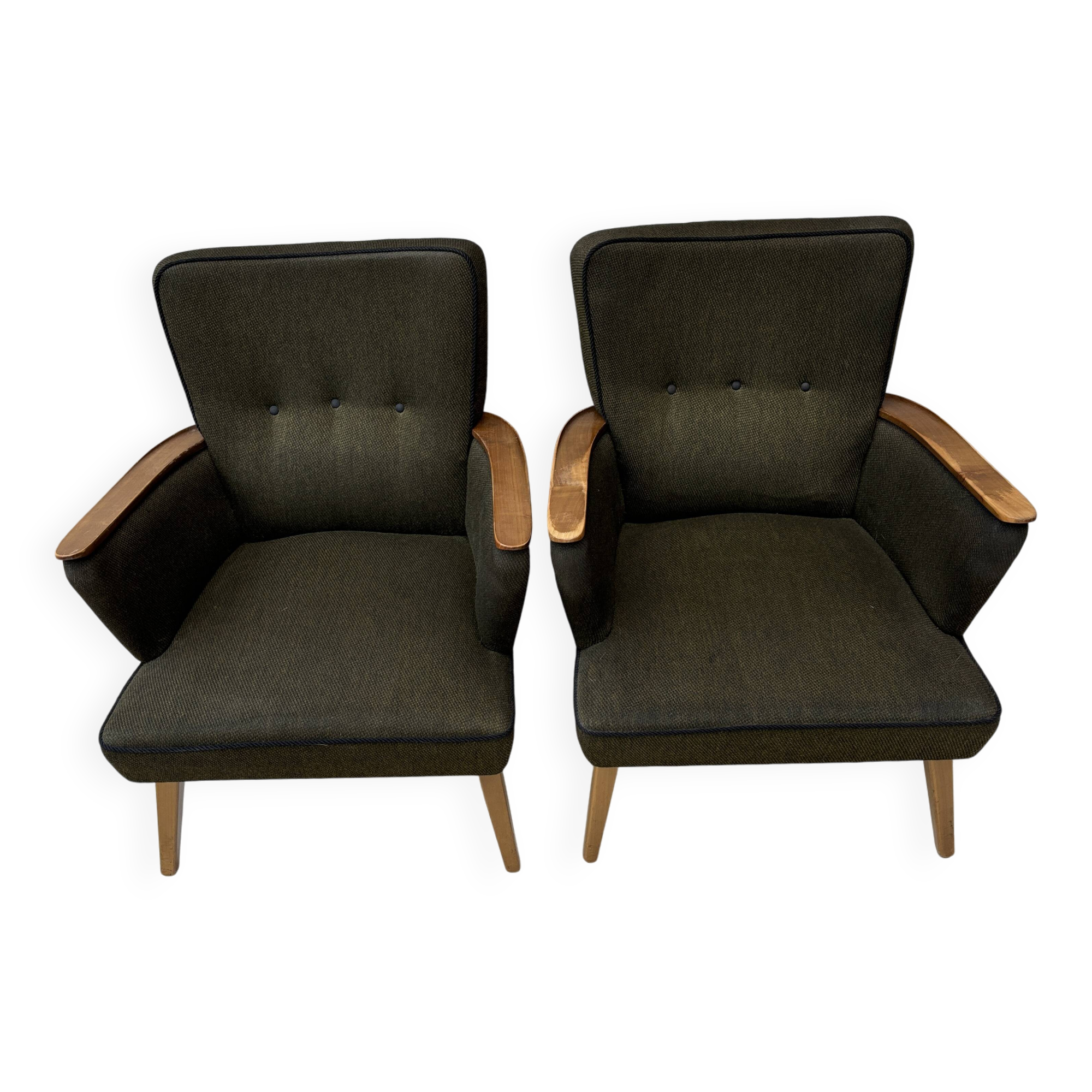 Pair of vintage wooden and fabric armchairs from the 1960s.