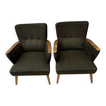 Pair of vintage wooden and fabric armchairs from the 1960s.