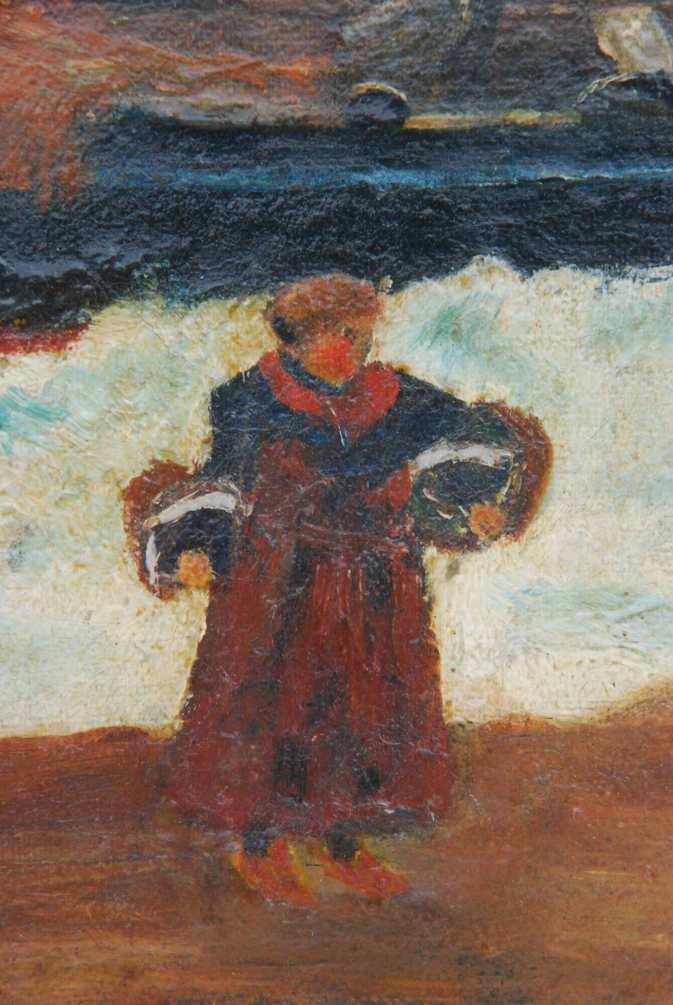 Old painting seaside view boats and fishermen
