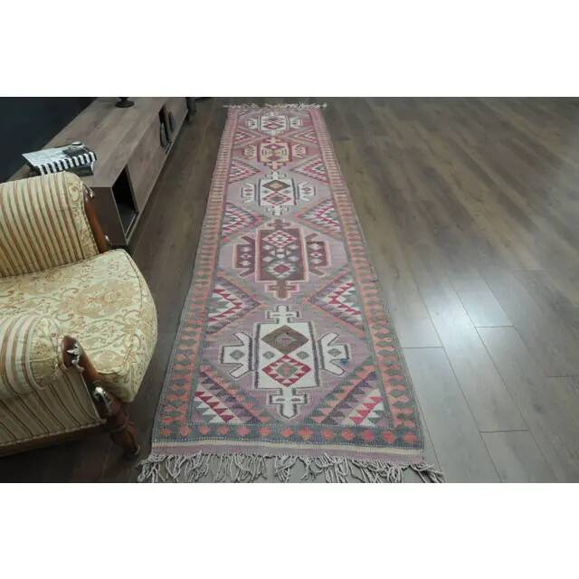 1970s Vintage Turkish Oushak Handmade Wool Cotton Purple Runner Rug 97x385