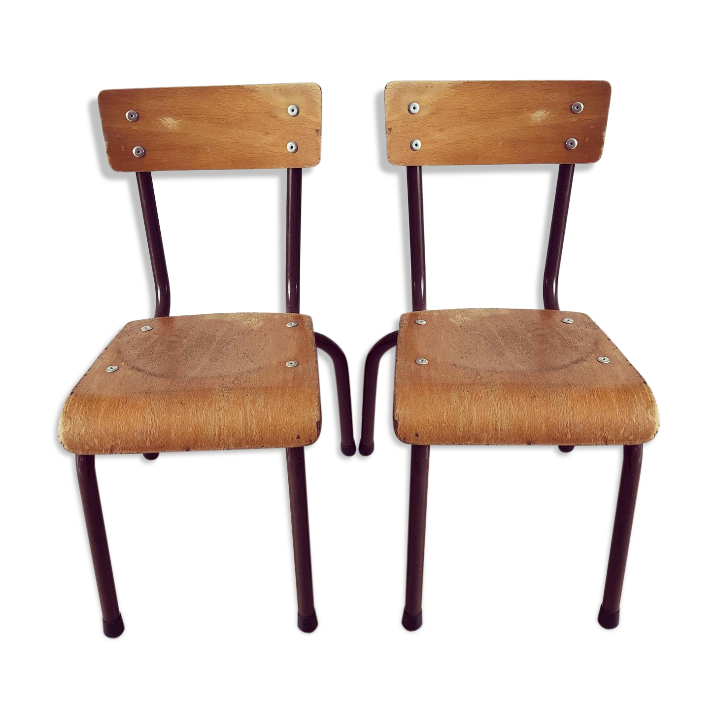 Duo of brown child school chairs