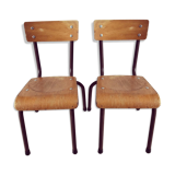 Duo of brown child school chairs