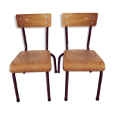 Duo of brown child school chairs
