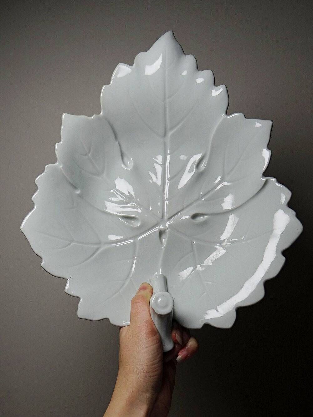 Large celadon porcelain vine leaf bowl by L. Michelaud, vintage Limoges