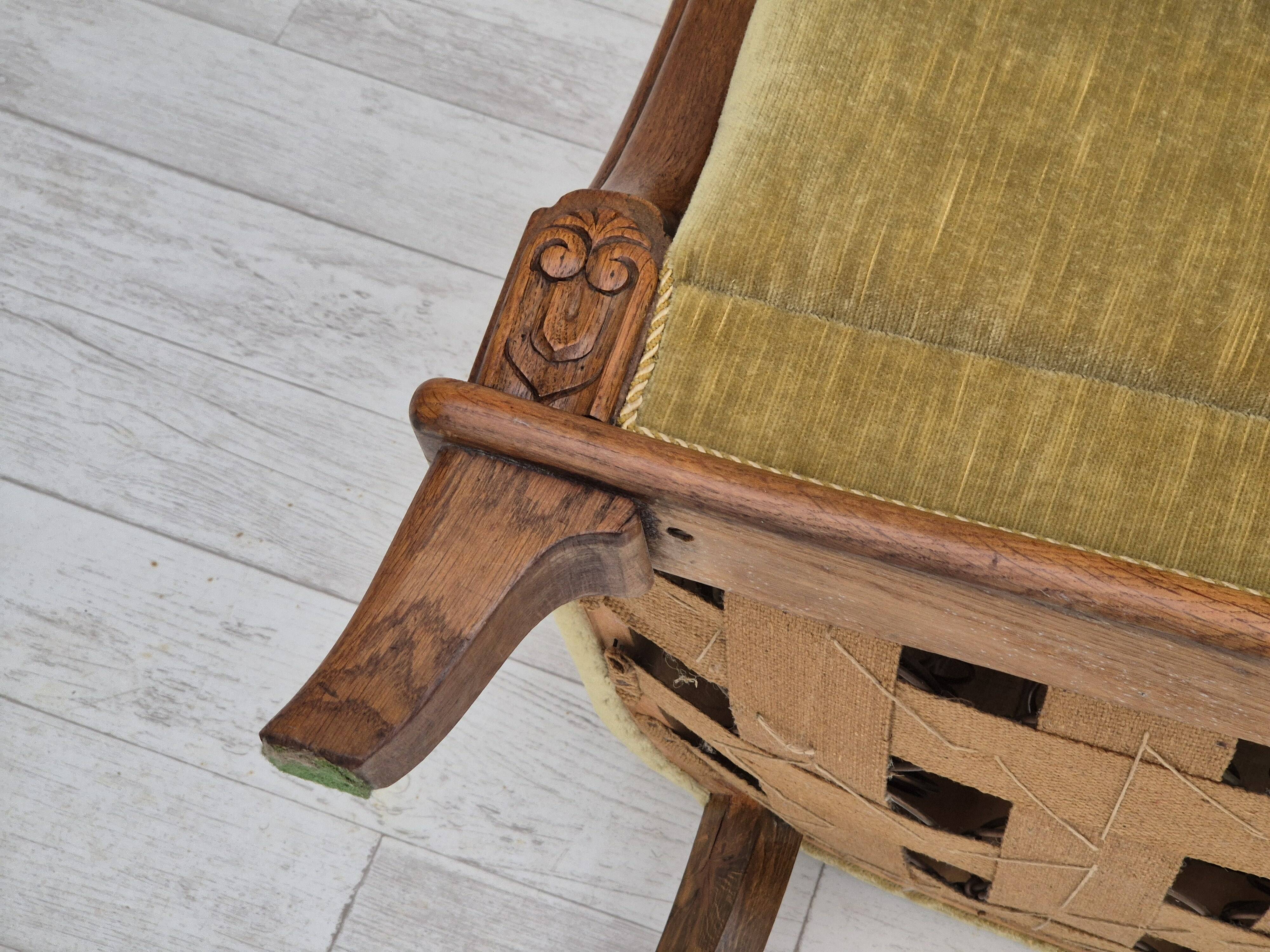 1960s, Danish armchair in original very good condition, furniture velour, oak wood.