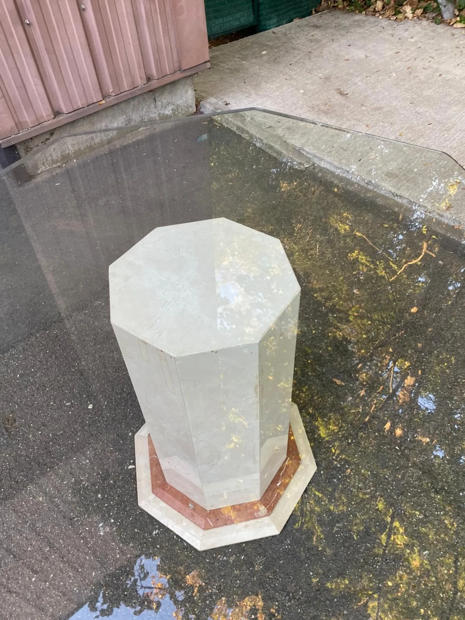 Octagonal dining table, vintage 1980s design in marble and glass.