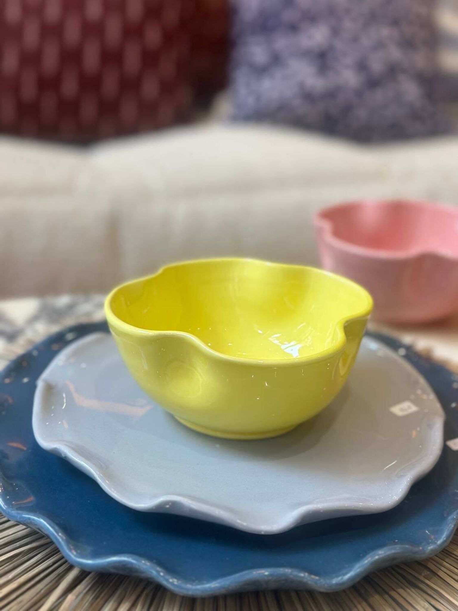 Handmade enameled ceramic bowl, lemon yellow pop clover flower