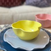Handmade enameled ceramic bowl, lemon yellow pop clover flower
