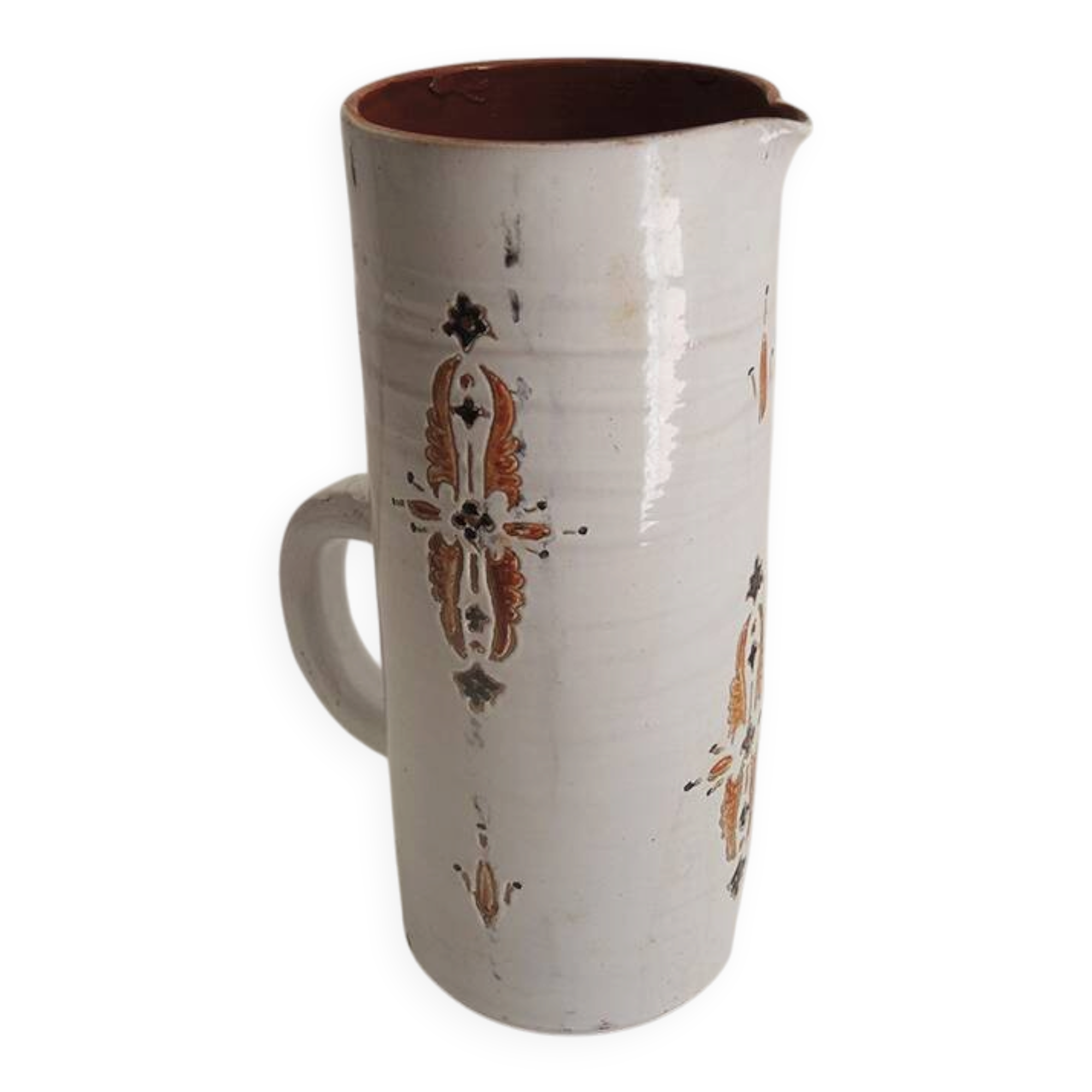 Old glazed terracotta carafe with signature
