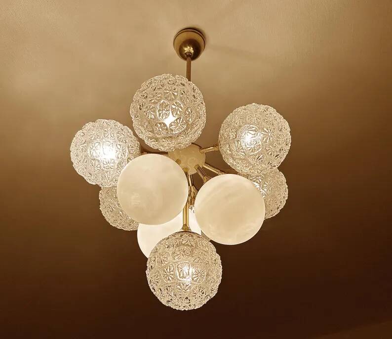 Mid Century Italian Glass & Brass Pendant Light