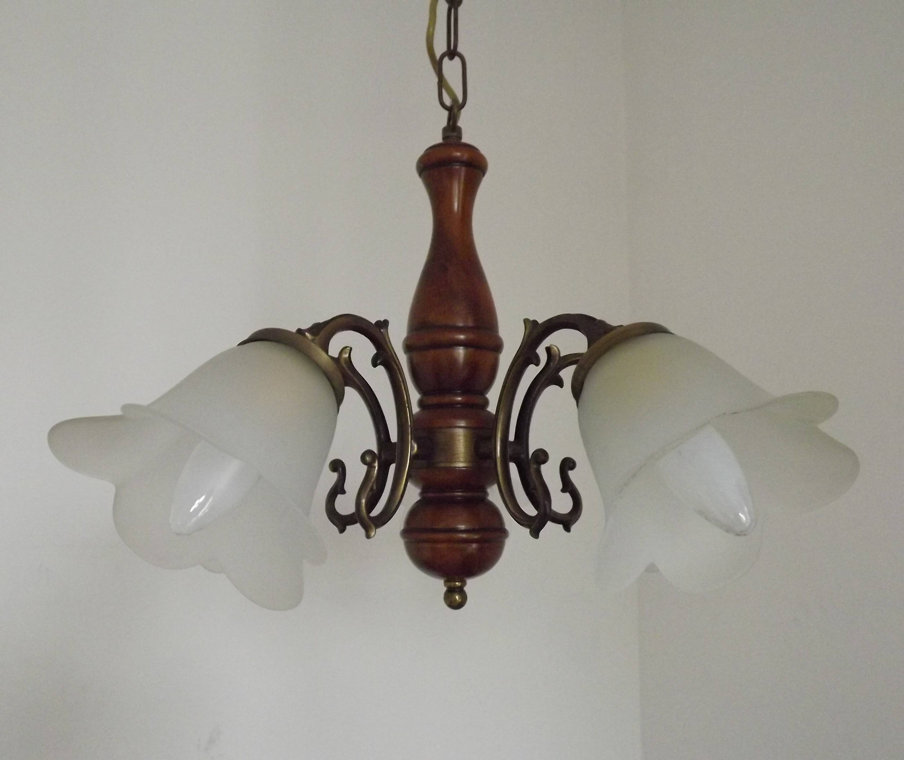 French Mid-Century Bronzed Metal & Wood 5-Light Chandelier with Glass Shades