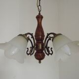 French Mid-Century Bronzed Metal & Wood 5-Light Chandelier with Glass Shades