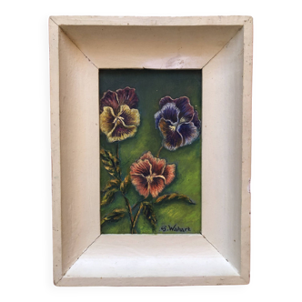 Painting oil on panel 1950 les 3 pensees signed gaston waharl, in wooden frame, botanical flower