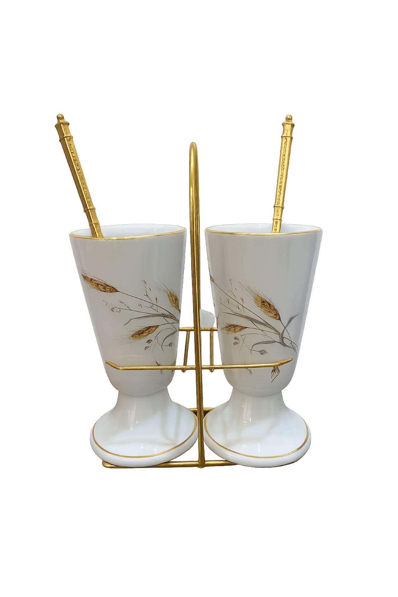 Set de 2 mazagrans anciens en porcelaine de Limoges avec support doré