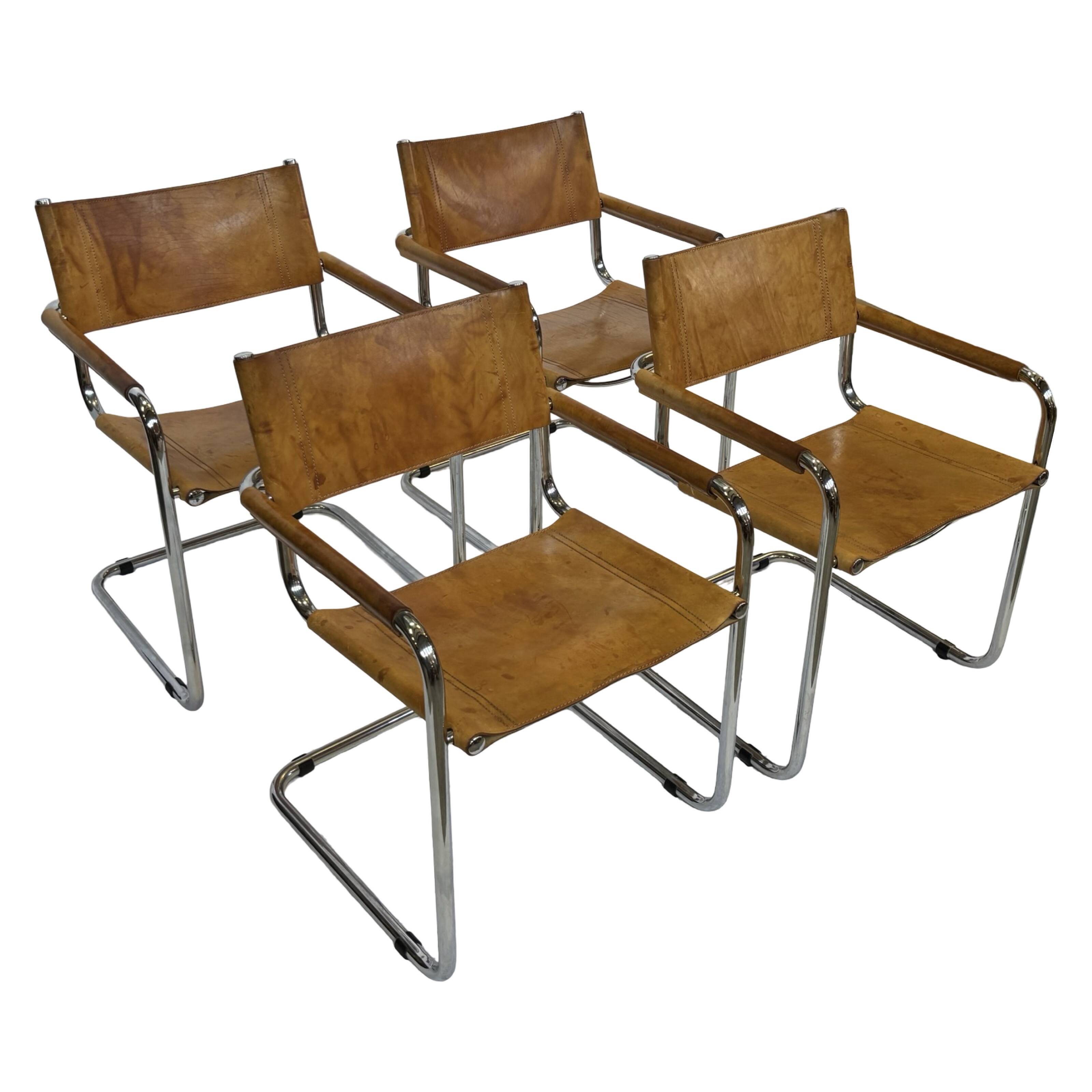 Ensemble de quatre fauteuils de salle à manger FASEM S34 en cuir Cognac par Mart Stam années 80