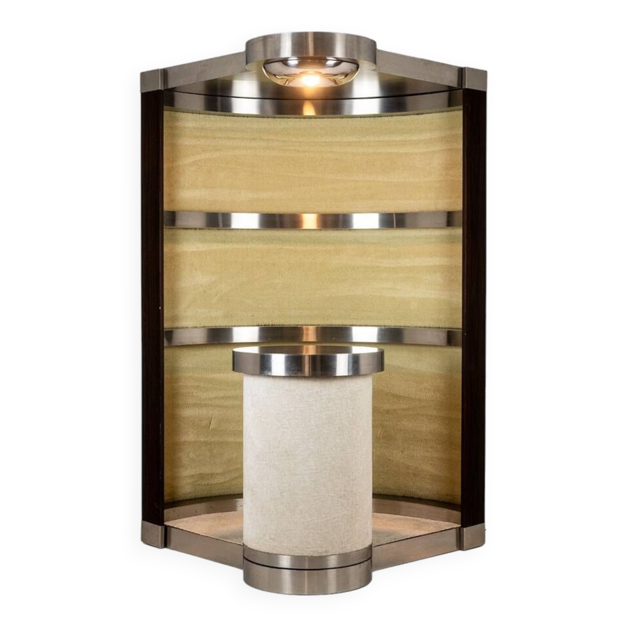 Circular bar in brushed metal, wood and carpet. 1970s.