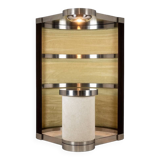 Circular bar in brushed metal, wood and carpet. 1970s.